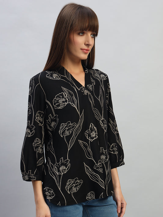 Women's Black Printed Full Sleeves V-Neck Casual Top