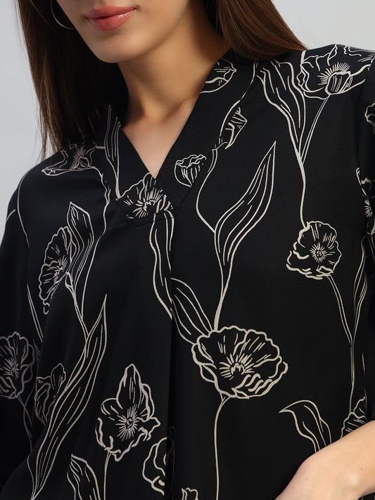 Women's Black Printed Full Sleeves V-Neck Casual Top