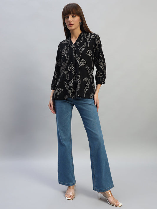 Women's Black Printed Full Sleeves V-Neck Casual Top