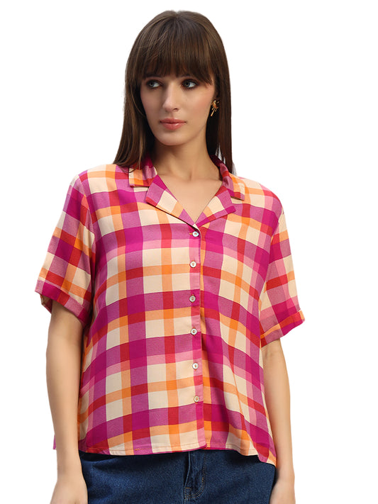 Women's Magenta Checkered Half Sleeves V-Neck Casual Top