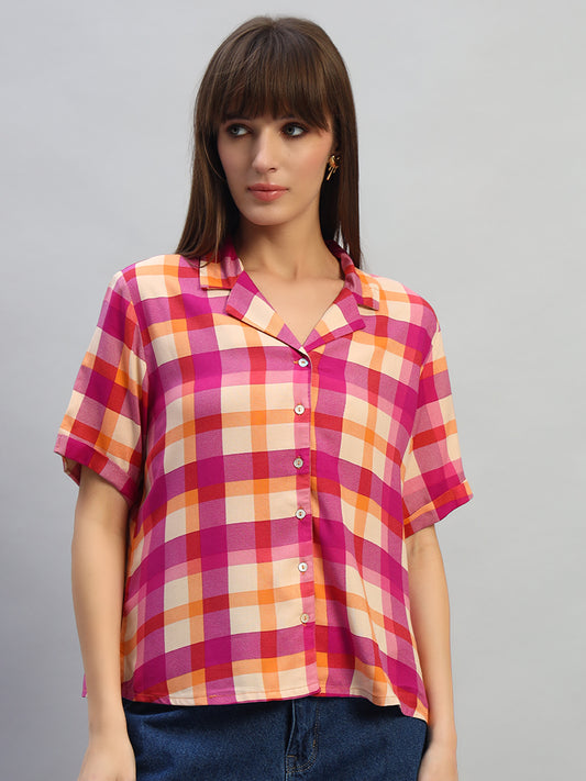 Women's Magenta Checkered Half Sleeves V-Neck Casual Top