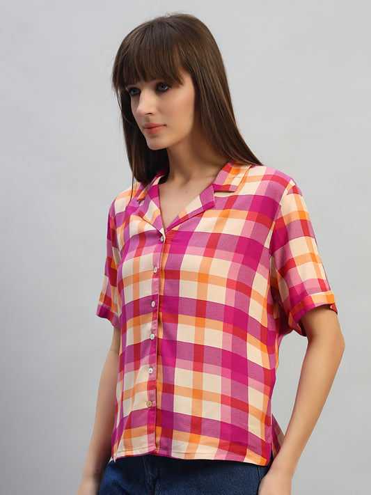 Women's Magenta Checkered Half Sleeves V-Neck Casual Top