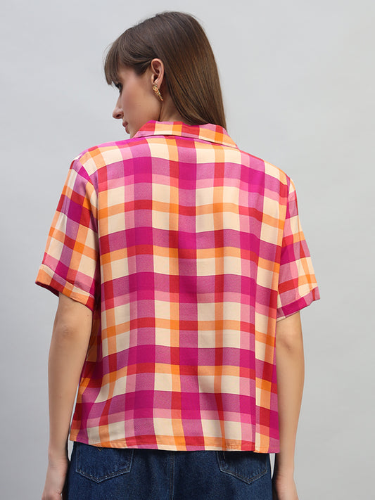 Women's Magenta Checkered Half Sleeves V-Neck Casual Top