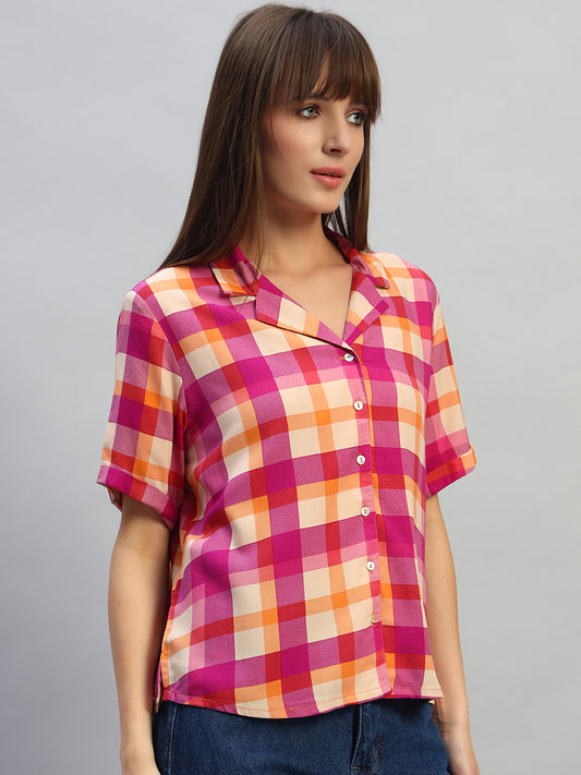 Women's Magenta Checkered Half Sleeves V-Neck Casual Top
