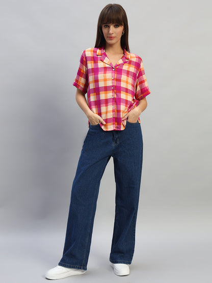 Women's Magenta Checkered Half Sleeves V-Neck Casual Top