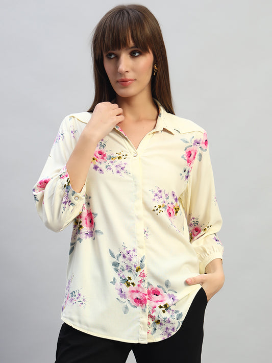 Women's White Printed 3/4th Sleeves Spread Collar Casual Top