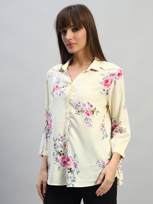 Women's White Printed 3/4th Sleeves Spread Collar Casual Top