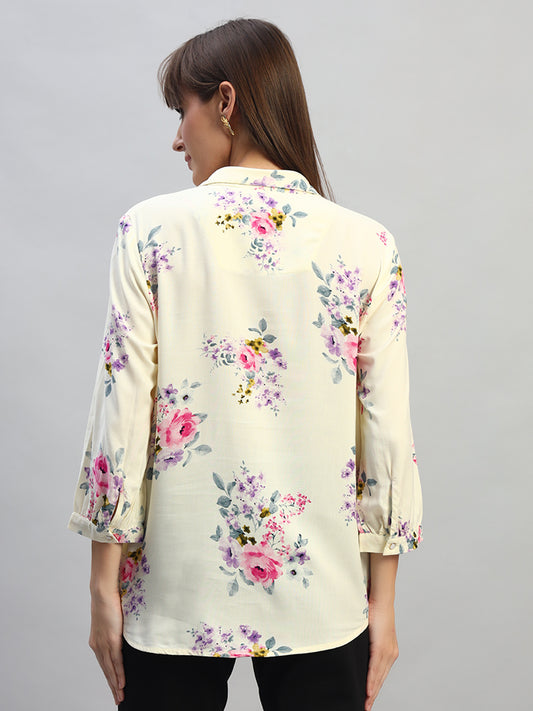 Women's White Printed 3/4th Sleeves Spread Collar Casual Top