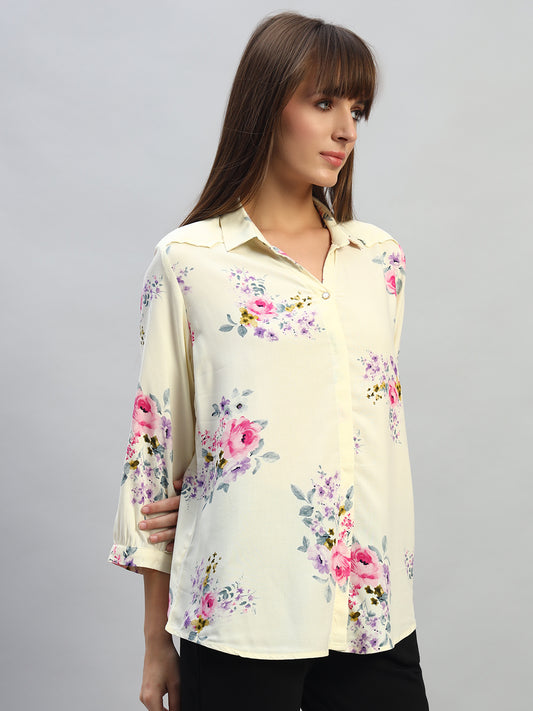 Women's White Printed 3/4th Sleeves Spread Collar Casual Top