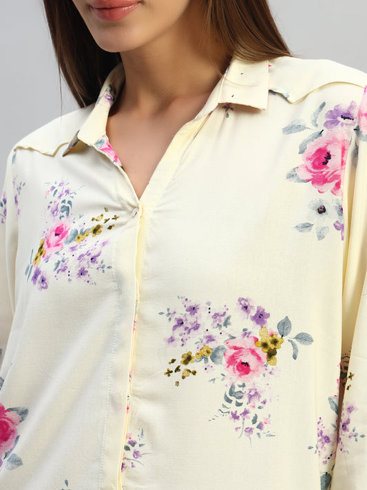 Women's White Printed 3/4th Sleeves Spread Collar Casual Top