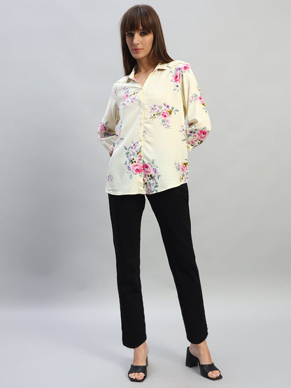 Women's White Printed 3/4th Sleeves Spread Collar Casual Top