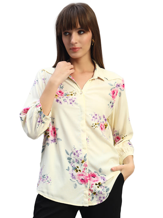 Women's White Printed 3/4th Sleeves Spread Collar Casual Top