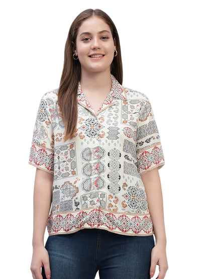 Women's White Printed Half Sleeves Spread Collar Casual Top