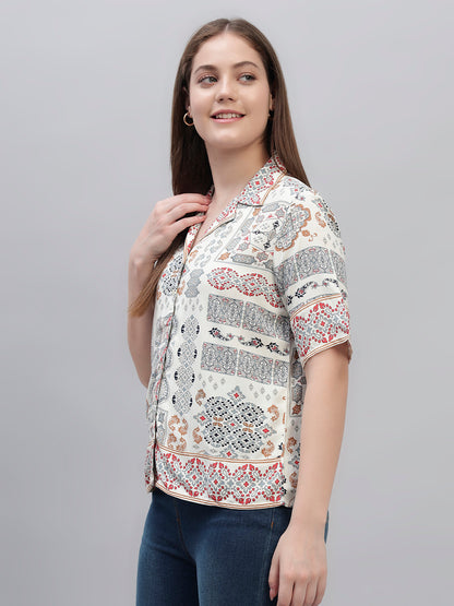 Women's White Printed Half Sleeves Spread Collar Casual Top