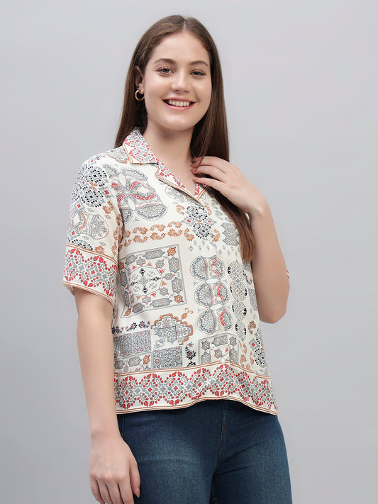 Women's White Printed Half Sleeves Spread Collar Casual Top