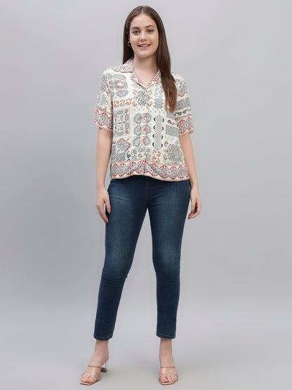 Women's White Printed Half Sleeves Spread Collar Casual Top