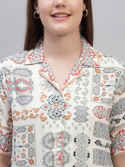 Women's White Printed Half Sleeves Spread Collar Casual Top