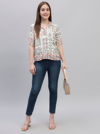 Women's White Printed Half Sleeves Spread Collar Casual Top