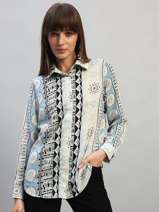 Women's Blue Printed Full Sleeves Spread Collar Casual Top