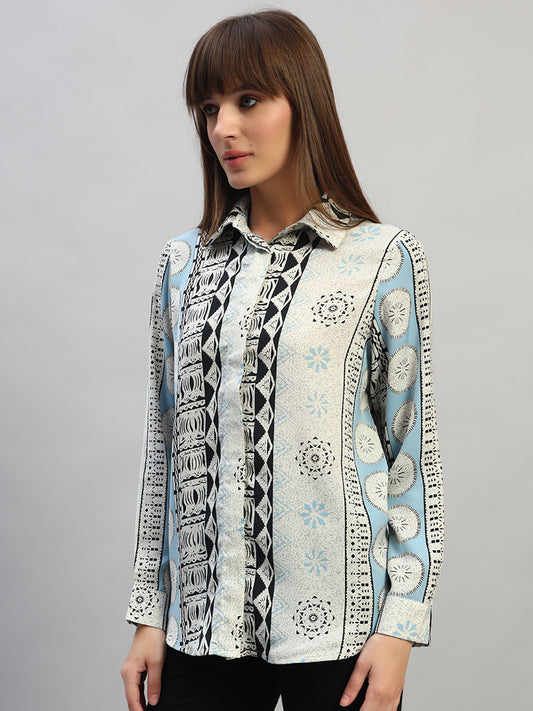 Women's Blue Printed Full Sleeves Spread Collar Casual Top