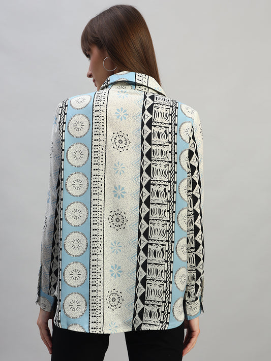 Women's Blue Printed Full Sleeves Spread Collar Casual Top