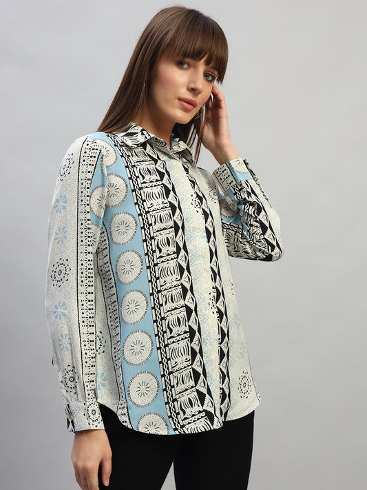 Women's Blue Printed Full Sleeves Spread Collar Casual Top