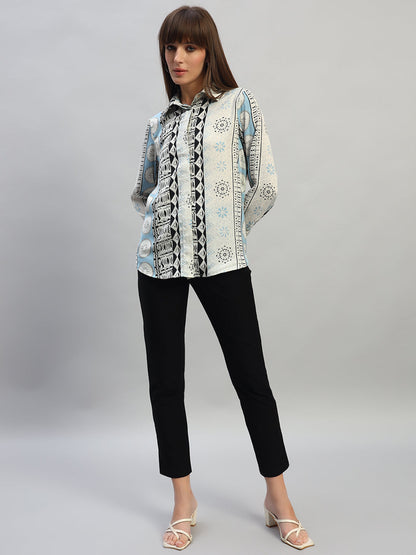 Women's Blue Printed Full Sleeves Spread Collar Casual Top