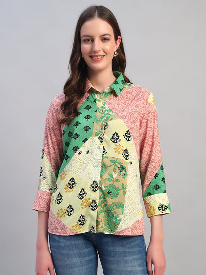 Women Multi Printed Spread Collar 3/4th Sleeves Casual Top