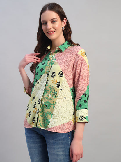 Women Multi Printed Spread Collar 3/4th Sleeves Casual Top