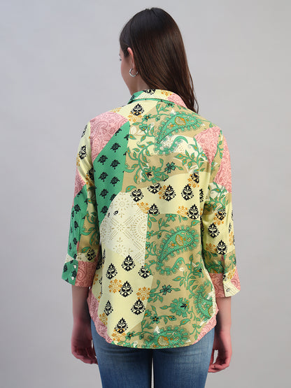 Women Multi Printed Spread Collar 3/4th Sleeves Casual Top