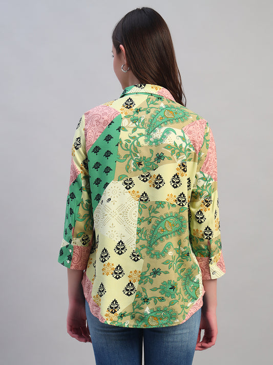 Women Multi Printed Spread Collar 3/4th Sleeves Casual Top