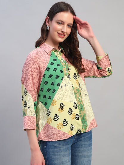Women Multi Printed Spread Collar 3/4th Sleeves Casual Top