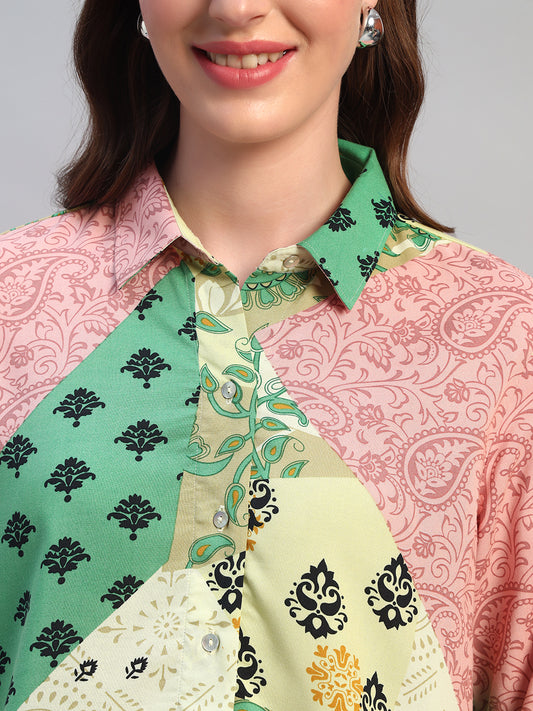 Women Multi Printed Spread Collar 3/4th Sleeves Casual Top