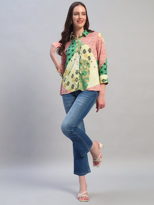 Women Multi Printed Spread Collar 3/4th Sleeves Casual Top