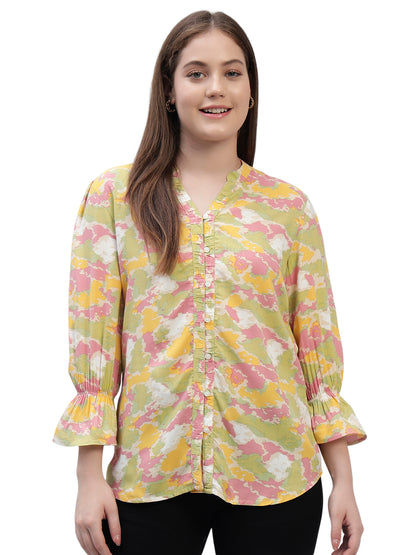 Women's Multi Printed Full Sleeves V-Neck Casual Top