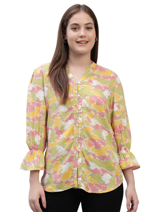 Women's Multi Printed Full Sleeves V-Neck Casual Top