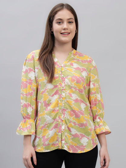 Women's Multi Printed Full Sleeves V-Neck Casual Top