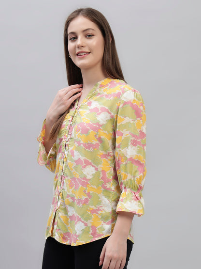 Women's Multi Printed Full Sleeves V-Neck Casual Top