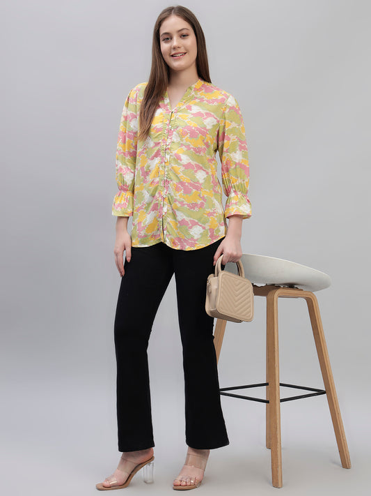 Women's Multi Printed Full Sleeves V-Neck Casual Top