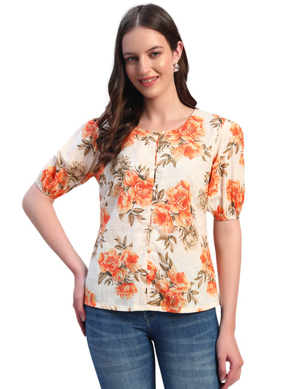 Women Orange Printed Round Neck Half Sleeves Casual Top