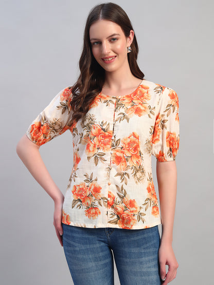Women Orange Printed Round Neck Half Sleeves Casual Top