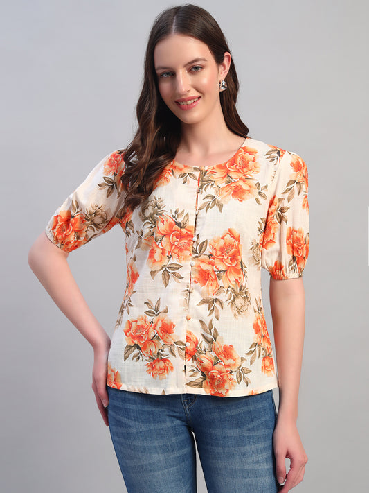 Women Orange Printed Round Neck Half Sleeves Casual Top