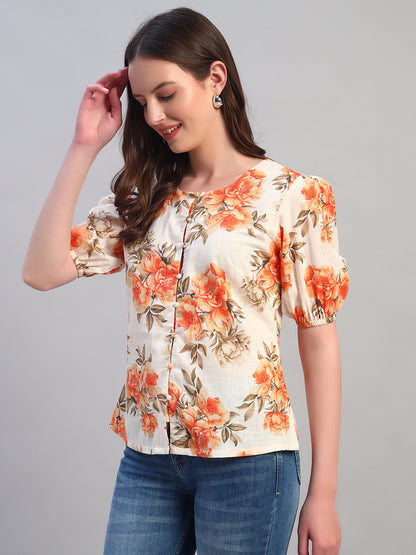 Women Orange Printed Round Neck Half Sleeves Casual Top