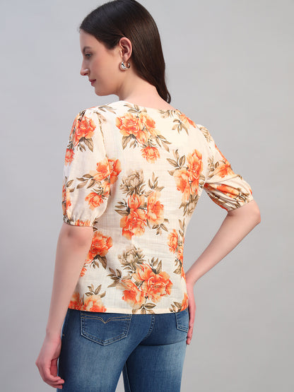 Women Orange Printed Round Neck Half Sleeves Casual Top