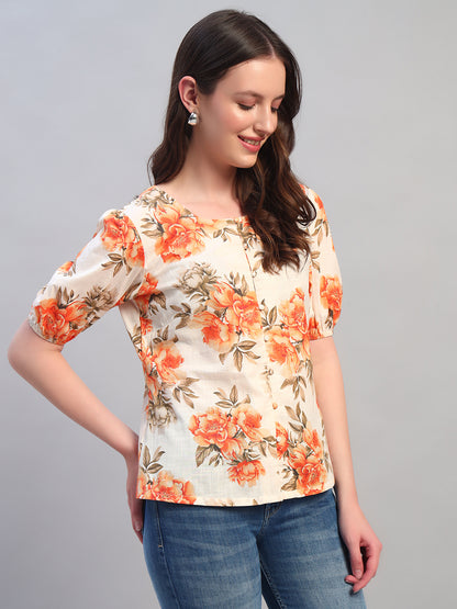 Women Orange Printed Round Neck Half Sleeves Casual Top