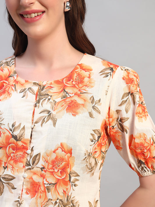 Women Orange Printed Round Neck Half Sleeves Casual Top
