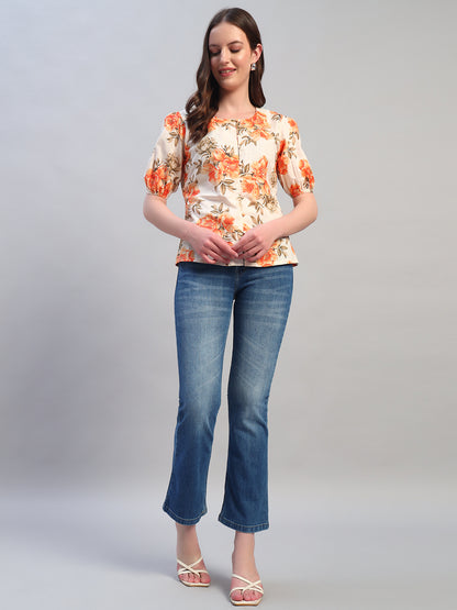 Women Orange Printed Round Neck Half Sleeves Casual Top