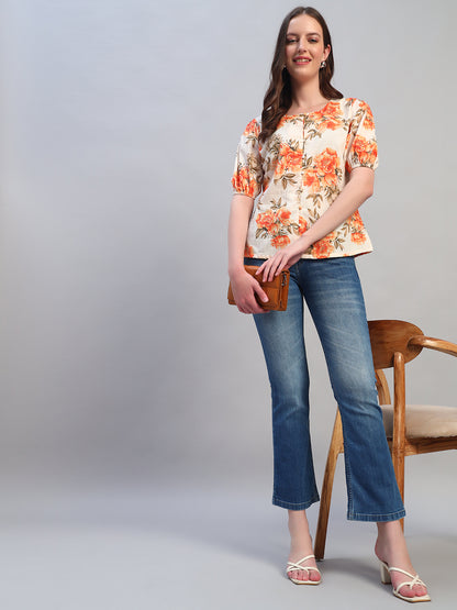 Women Orange Printed Round Neck Half Sleeves Casual Top