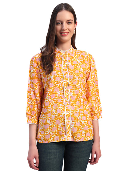 Women Mustard Printed Round Neck 3/4th Sleeves Casual Top