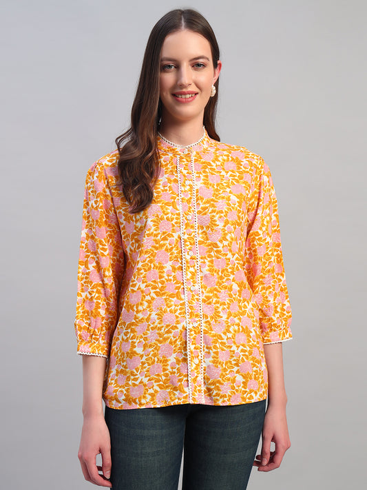 Women Mustard Printed Round Neck 3/4th Sleeves Casual Top